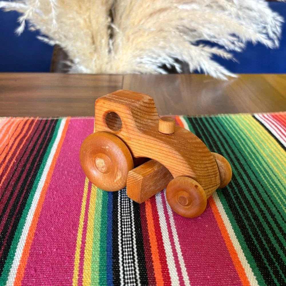Vintage Handmade Wooden Toy Set Tractor and Car Natural Wood Montessori Decor